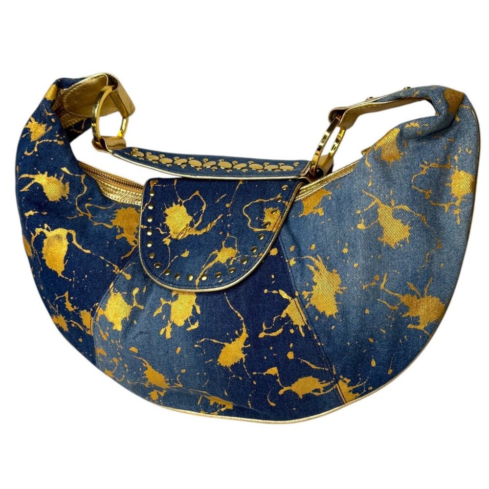 Y2K Denim & Gold Metallic Shoulder Bag Boho Glam Streetwear Purse - Picture 16 of 16